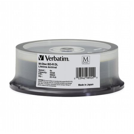 VERBATIM M-Disc BD-R DL 50GB 6X with Branded Surface 25 Disc Spindle 98924
